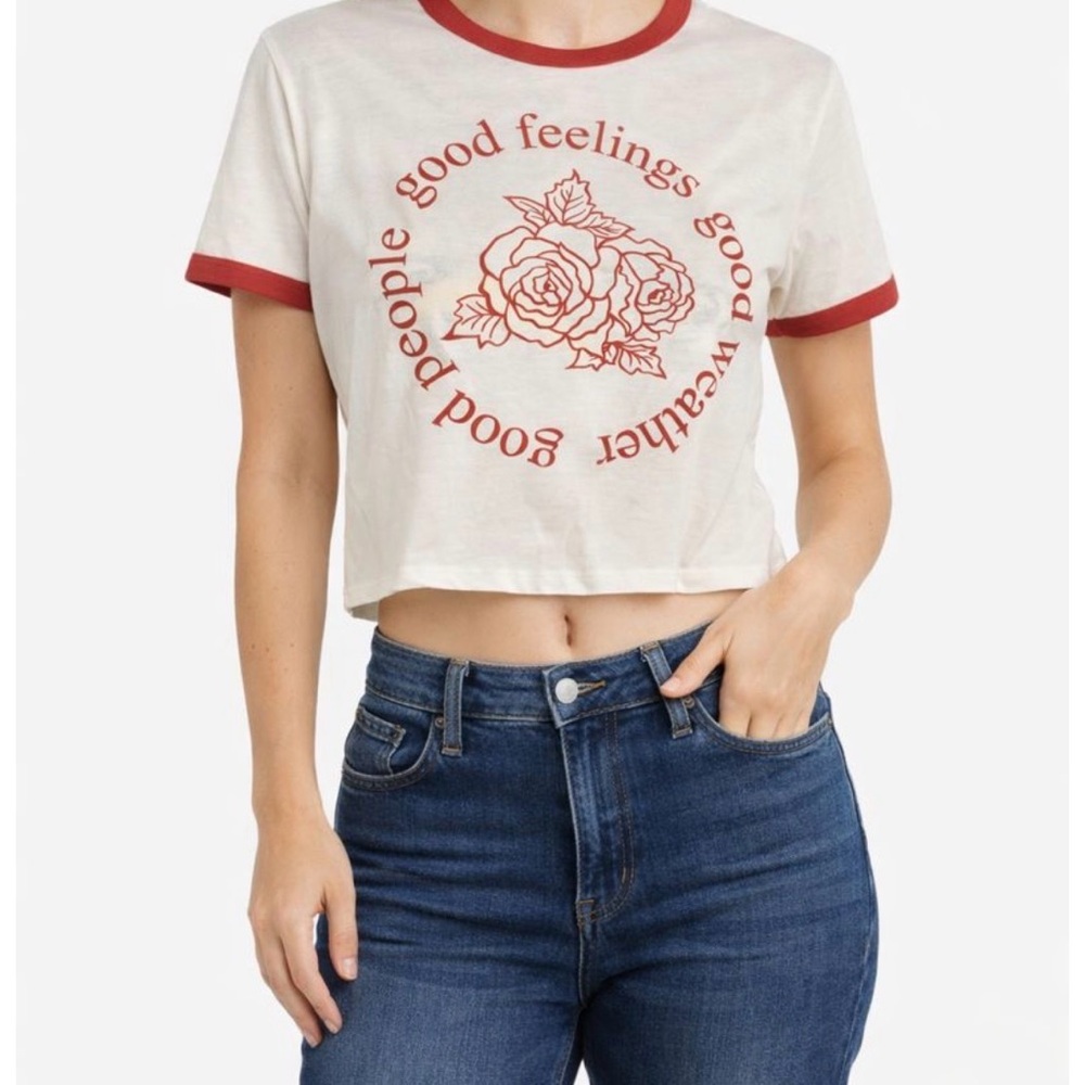 * Rags II Riches Cropped Graphic Tee Good Feelings Rose Print Ringer Shirt Large